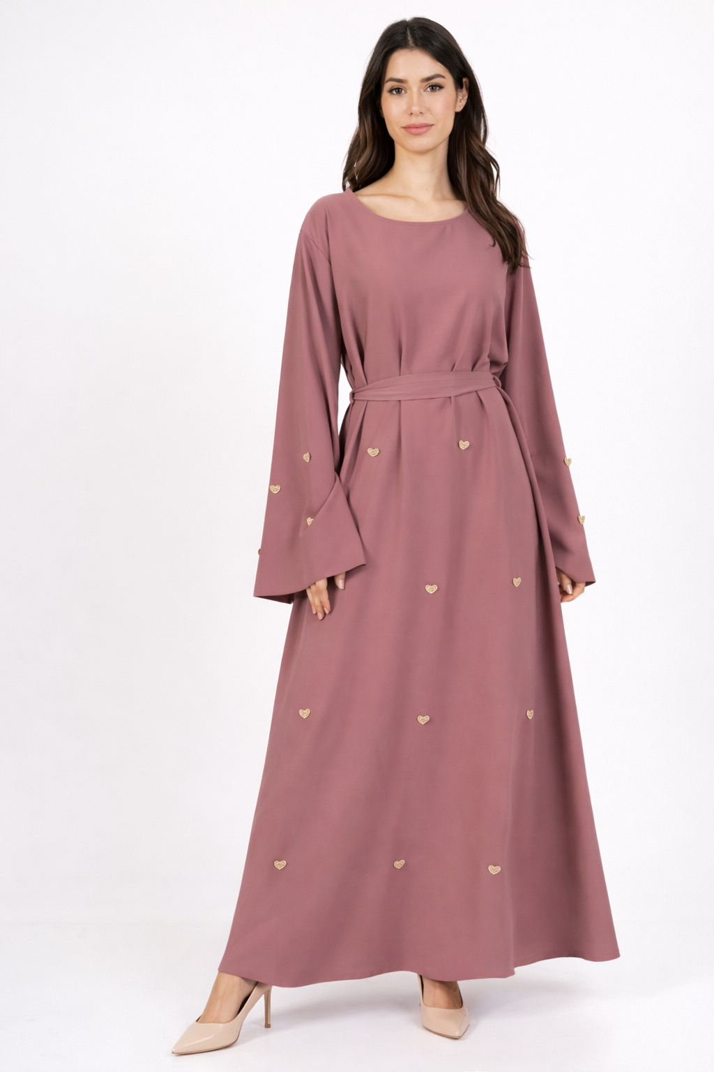 Robe longue élégante rose poudré à détails cœurs dorés Robe longue élégante poudré à cœurs dorés – Image 3